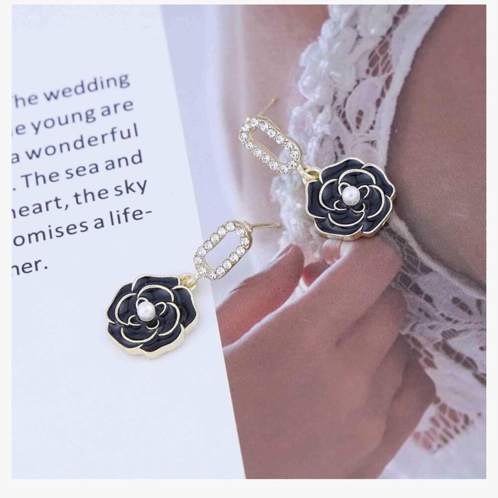 Designer Black Camellia Pearl Dangle Earrings - Picture 7 of 7